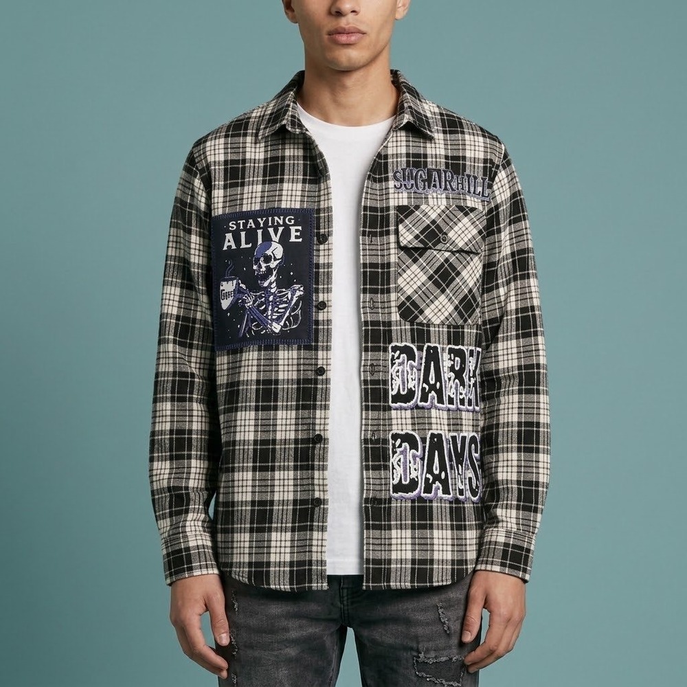 Sugarhill Mens Small Dark Days Plaid Flannel Shirt Skeleton Patch Black EUC